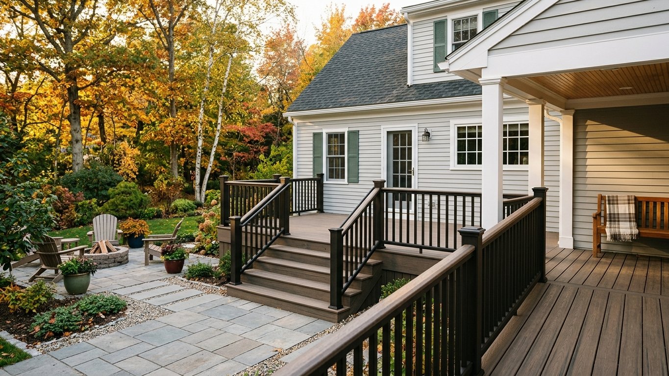 Newly built composite deck on the back of a Boston-area home