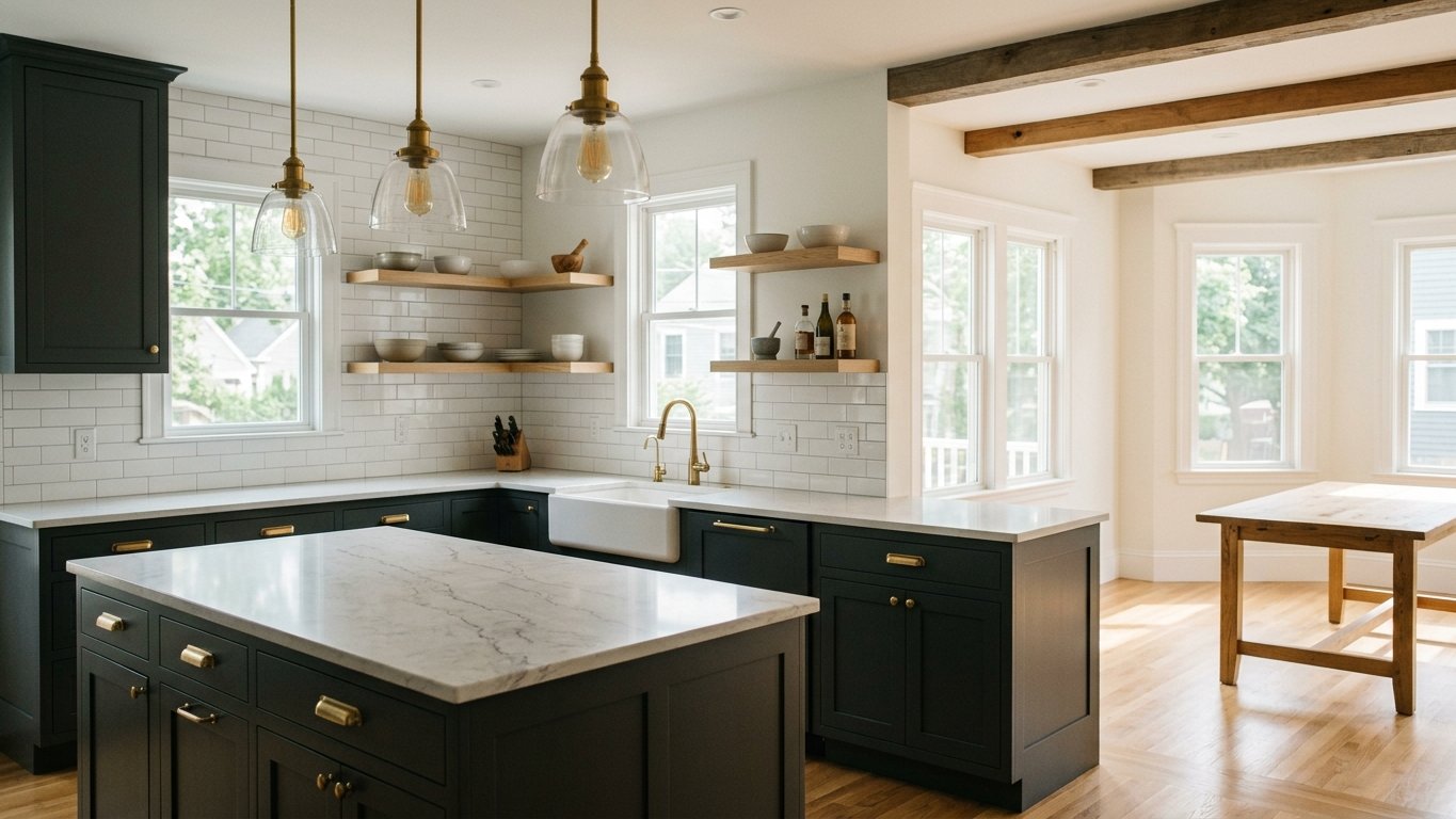 Modern kitchen remodel with island and quartz counters in Greater Boston