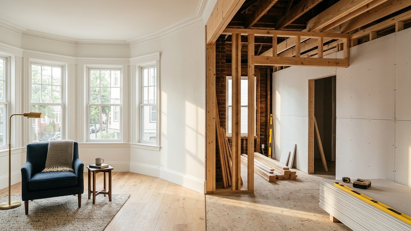 Whole-home remodel in progress with new framing and drywall in a Boston triple-decker